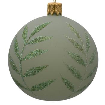 Visuel 1 du produit Boule de Noël en verre vert mat avec motif végétal vert pailleté - Ø 7 cm