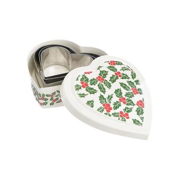Visuel 1 du produit Boîte forme cœur en acier inoxydable blanc à motifs houx vert et rouge avec 3 emporte-pièces - 10 x 9,5 x 3,5 cm