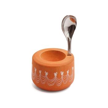 Visuel 1 du produit Coffret coquetier en bois orange motif indien avec cuillère Piou - Ø 7 x H 11,5 cm