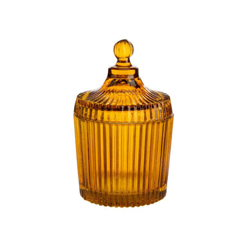 Visuel 1 du produit Boîte ronde décorative en verre fumé ocre strié - Ø 9,5 x H 15 cm