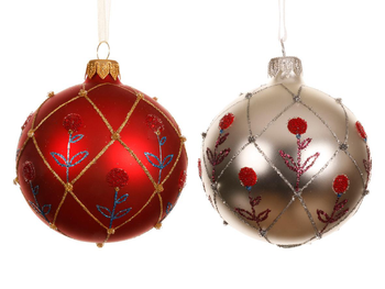 Visuel 1 du produit Boule en verre finition mate rouge noël et argent avec décor carreaux et fleurs - Ø 8 cm