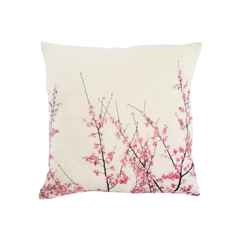 Visuel 1 du produit Coussin en coton et lin crème à motifs branches de cerisier rose - 45 x 45 cm