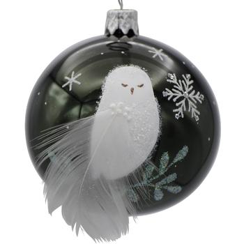 Visuel 1 du produit Boule de Noël en verre vert avec oiseau blanc à plume - Ø 7 cm