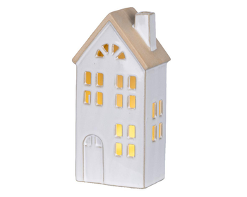 Visuel 1 du produit Maison en porcelaine blanche avec LED fixe blanc chaud pour intérieur - 6,8 x 10,3 x 20,5 cm