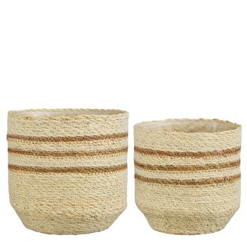 Visuel 1 du produit Panier rond en zostère coloris blanc rayé marron Lena - Ø 18 x H 18 cm