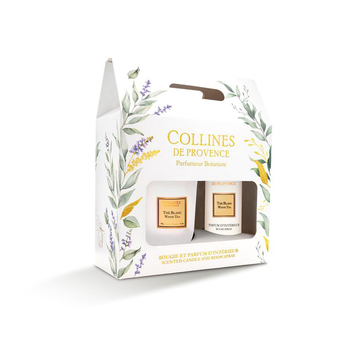 Visuel 1 du produit Coffret bougie et parfum intérieur senteur thé blanc Collines de Provence - 180 g + 100 ml