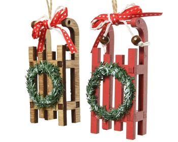 Visuel 1 du produit Traîneau en bois avec couronne de Noël à suspendre - 10 x 4 x 2,7 cm
