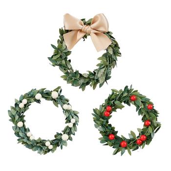 Visuel 1 du produit Mini couronne de feuilles artificielles en PVC vert à suspendre avec décor - Ø 9 x H 2 cm