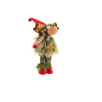 Visuel 1 du produit Renne debout avec fourrure verte et bonnet rouge petit modèle - 40 cm