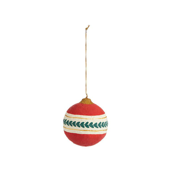 Visuel 1 du produit Décoration à suspendre boule en coton mâché rouge avec décor feuilles vertes - 8 cm