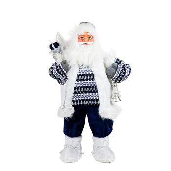 Visuel 1 du produit Père Noël décoratif Boréal avec hotte et lanterne en polyester coloris bleu et blanc - H 46 cm