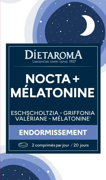 Visuel 1 du produit Complément alimentaire eschscholtzia, griffonia, valériane, mélatonine endormissement nocta + mélatonine Dietaroma - 40 comprimés