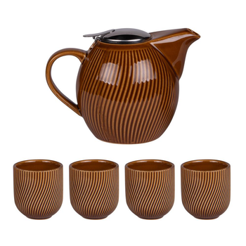 Visuel 1 du produit Coffret théière 0,9 L et 4 gobelets en grès marron Mao - les 5 pièces