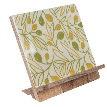 Visuel 1 du produit Lutrin en manguier à motif végétal vert et jaune Olivia - 24 x 16 x 21.5 cm