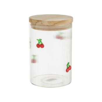 Visuel 1 du produit Bocal en verre transparent avec motif cerises rouges et couvercle en bois - Ø 9,5 x H 13,7 cm