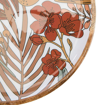 Visuel 1 du produit Plateau rond en bois de manguier marron avec décor émaillé floral multicolore – Ø 30 cm