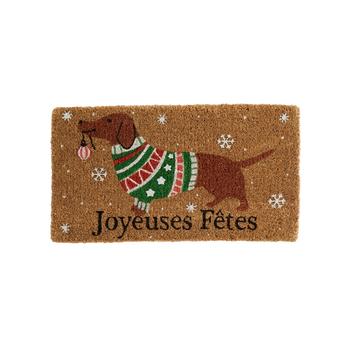 Visuel 1 du produit Paillasson en fibre de coco naturel avec chien vert et rouge Joyeuses fêtes - 72 x 40 cm