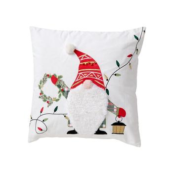 Visuel 1 du produit Coussin carré en coton crème à gnome rouge et vert - 45 x 45 cm