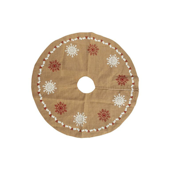 Visuel 1 du produit Jupe de sapin en jute beige décor flocons rouges et blancs - Ø 120 cm