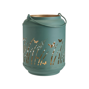 Visuel 1 du produit Lanterne en métal vert avec décor papillons doré petit modèle - Ø 15 x H 20 cm