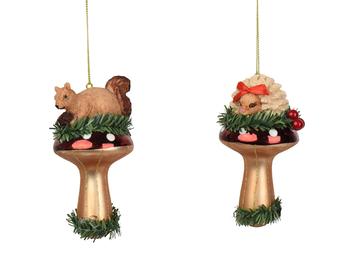 Visuel 1 du produit Champignon à suspendre en verre or avec animal perché - 6 x 5,5 cm