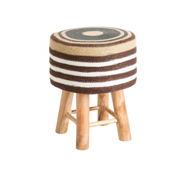 Visuel 1 du produit Tabouret rond rayé blanc/marron/jaune en osier tressé et bois - 33 x 33 x 42 cm