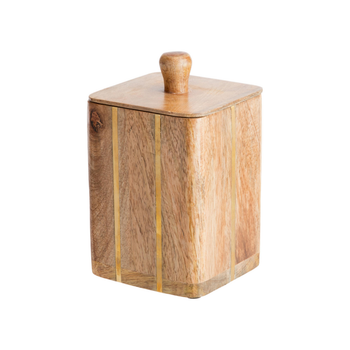 Visuel 1 du produit Boîte carrée en bois de manguier avec lignes laiton et couvercle - 10 x 10 x 16 cm