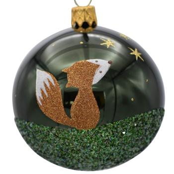 Visuel 1 du produit Boule de Noël en verre vert foncé avec motif renard roux - Ø 7 cm