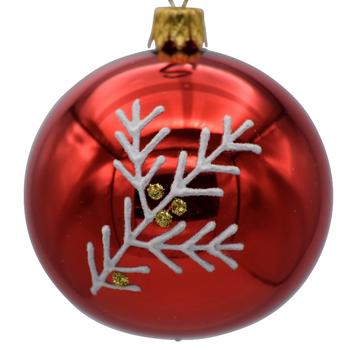 Visuel 1 du produit Boule de Noël en verre rouge avec motif branche blanche - Ø 7 cm