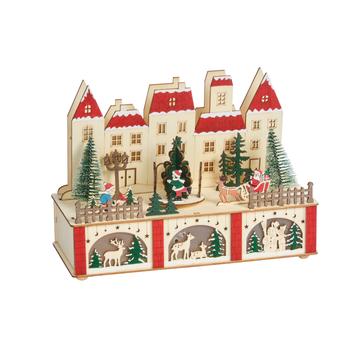 Visuel 1 du produit Décoration lumineuse de Noël ville de Yule en bois coloris rouge LED blanc chaud intérieur - L 28 x H 20 cm