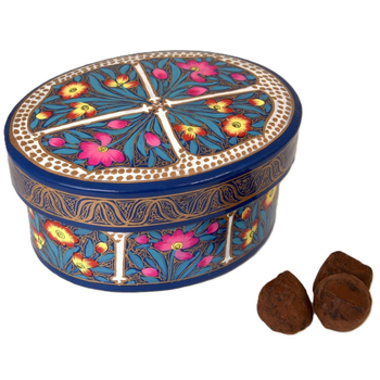 Visuel 1 du produit Truffes éclats de fèves de cacao bio Taloma - dans une boîte ovale de 120 g