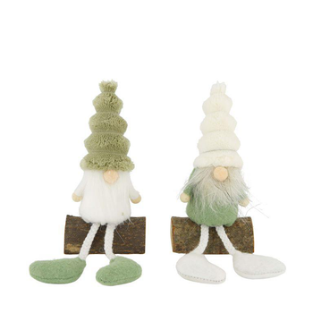 Visuel 1 du produit Figurine gnome en tissu vert sur rondin en pin - 7,5 x 5 x 14 cm
