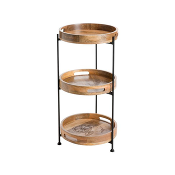 Visuel 1 du produit Étagère pliable en métal avec trois plateaux amovibles en manguier naturel - Ø 38 x H 72 cm