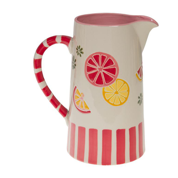 Visuel 1 du produit Pichet en grès à rayures roses et motif fruits Zestine - 13 x 20 x 22 cm