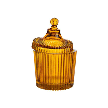 Visuel 1 du produit Boîte ronde décorative en verre fumé ocre strié - Ø 9,5 x H 15 cm