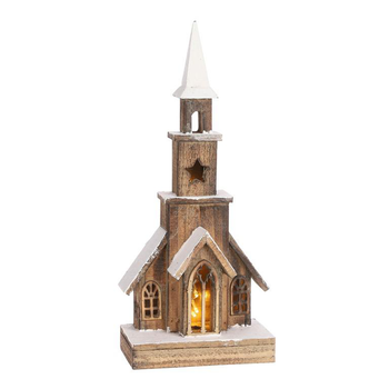 Visuel 1 du produit Église en bois de sapin avec éclairage à piles - 21 x 12 x 48 cm