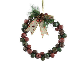 Visuel 1 du produit Couronne de clochettes en métal vert, rouge et brun avec nœud - Ø 25 x H 4 cm