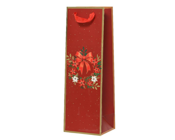 Visuel 1 du produit Sac cadeau pour bouteille en papier métallisé rouge décor couronne et nœud - 10 x 12 x 36 cm