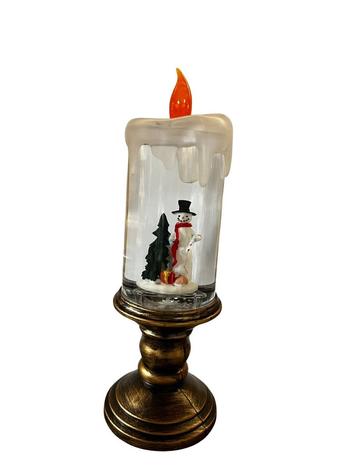 Visuel 1 du produit Lanterne à LED imitation bougie en polyrésine bronze avec bonhomme de neige - Ø 8,5 x H 24 cm
