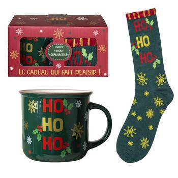 Visuel 1 du produit Set mug avec chaussette coloris vert dans une boîte Noël ho ho ho - H 9,8 cm
