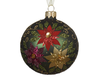 Visuel 1 du produit Boule en verre finition mate vert pin avec décor poinsettia - Ø 8 cm