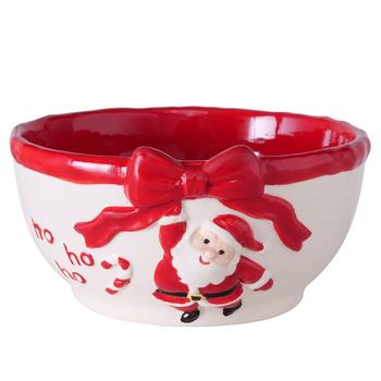 Visuel 1 du produit Bol à céréales en poterie rouge et blanc avec motif père Noël 550 ml Eskil - Ø 15 x H 7 cm