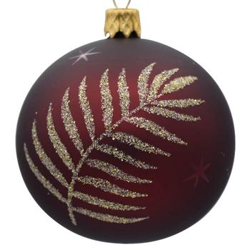 Visuel 1 du produit Boule de Noël en verre bordeaux avec motif de feuille or - Ø 7 cm
