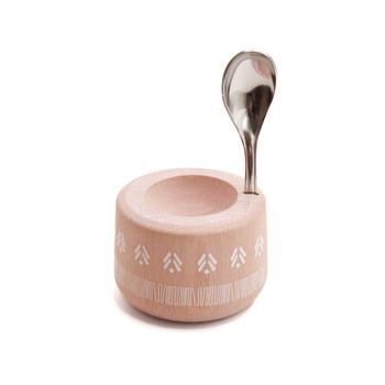 Visuel 1 du produit Coffret coquetier en bois naturel motif plumes avec cuillère Piou - Ø 7 x H 11,5 cm