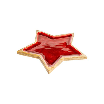 Visuel 1 du produit Plateau forme étoile en bois de manguier émaillé rouge - 30 x 30 x 2,3 cm