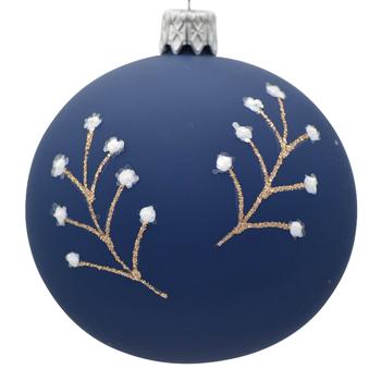 Visuel 1 du produit Boule de Noël en verre bleu à motif végétal blanc et or - Ø 7 cm