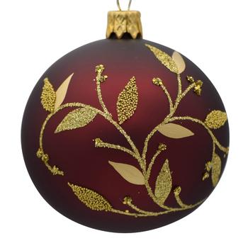 Visuel 1 du produit Boule de Noël en verre bordeaux avec motif floral or - Ø 7 cm