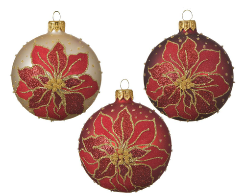 Visuel 1 du produit Boule en verre rouge mat avec motif poinsettia - Ø 8 cm
