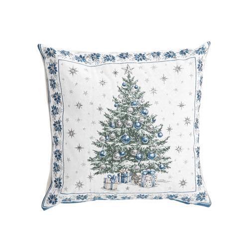Visuel 1 du produit Coussin en coton et polyéthylène blanc avec sapin de Noël et bordure bleue Chorale-A - 45 x 45 cm