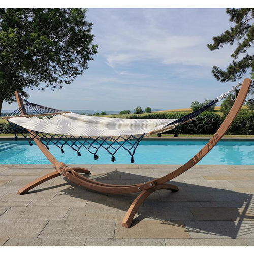 Visuel 3 du produit Set support et hamac EsKapade coloris rayé marine à franges bleues en bois et polypropylène Jobek Hamacs - 323 x 125 x 128 cm